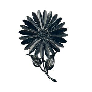 Signed Hedy Daisy Brooch Pin 1960s Black Enamel Flower Power Jewelry